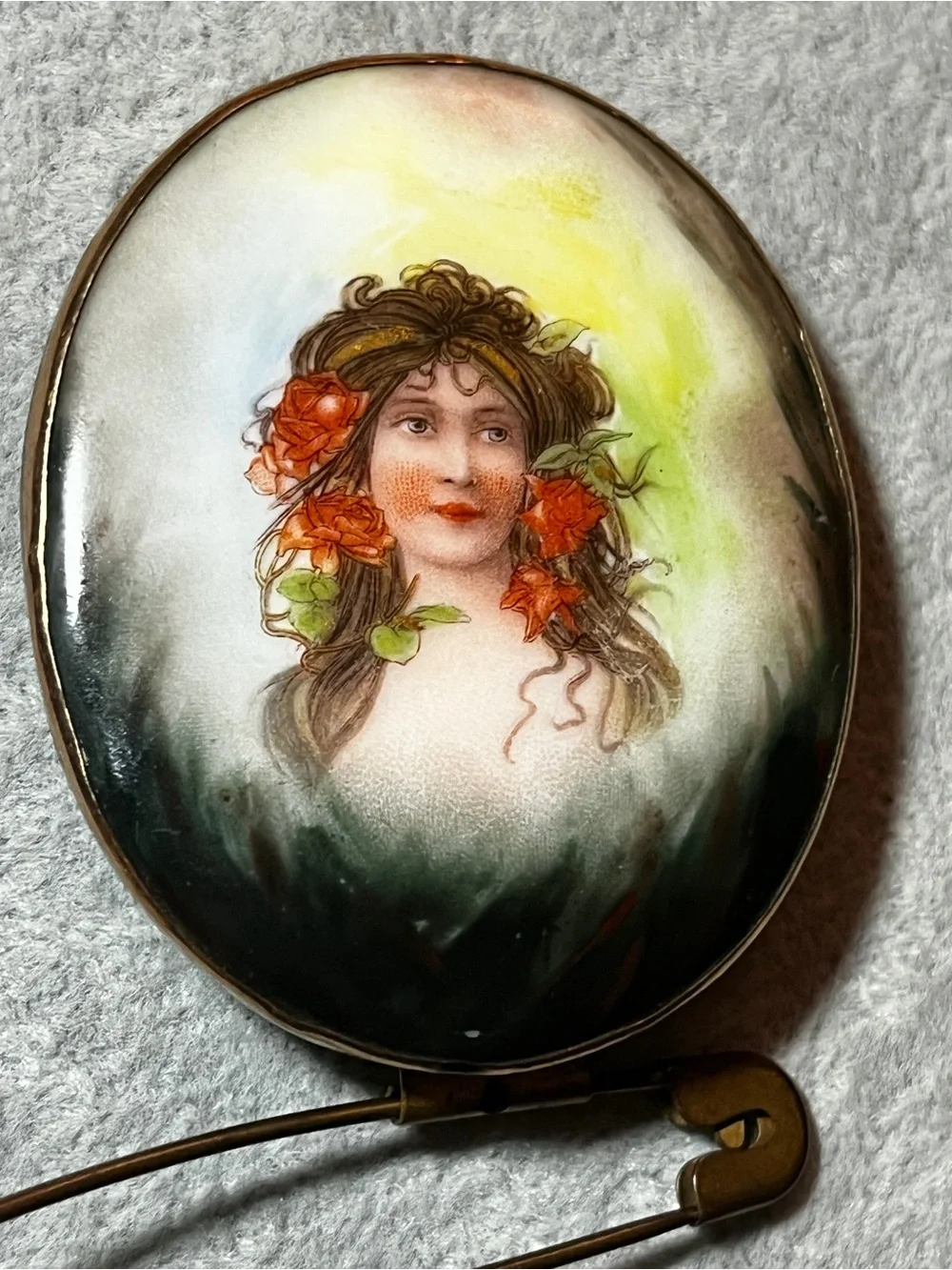 Vtg porcelain Painted Cameo Limoges Brooch Victorian Edwardian 2.75” Ribbon Clip